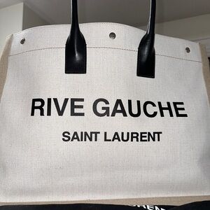 Yves Saint Laurent Rive Gauche Canvas Tote in Ivory with Black Trim
